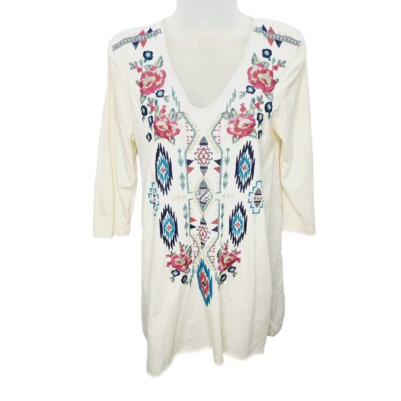 Johnny Was 3/4 Sleeve Cream V Neck Floral & Aztec Embroidery Sheer Back Top - Picture 1 of 13